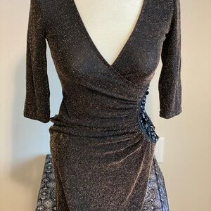 VENUS Deep Charcoal Gray Sheath Dress with V-Neck 3/4 Sleeves for Cocktail